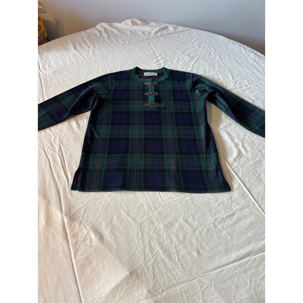 Cathy Daniels Plaid Knit Top Womens Green Navy Blue Excellent Metal Clasp Detail